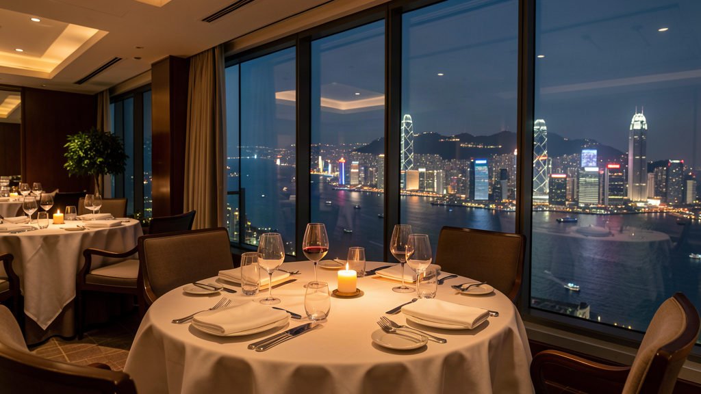 Fine dining terrace with panoramic Hong Kong harbour view at the Peak Tower at night