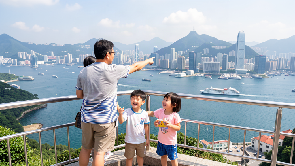 Family enjoying the Hong Kong skyline view at Victoria Peak on a sunny daytime visit
