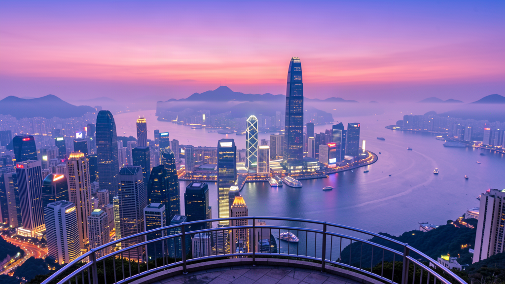Panoramic view of Hong Kong skyline and Victoria Harbour seen from Victoria Peak at twilight