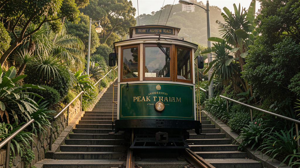 The historic Peak Tram funicular railway ascending the steep hillside of Victoria Peak