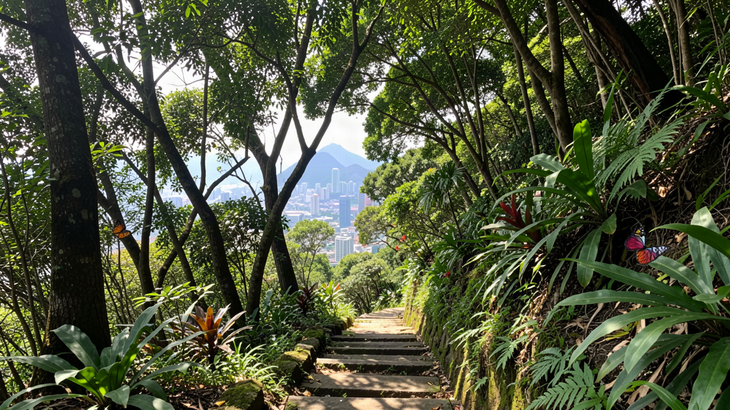 Tree-shaded hiking trail on the Morning Trail leading up to Victoria Peak